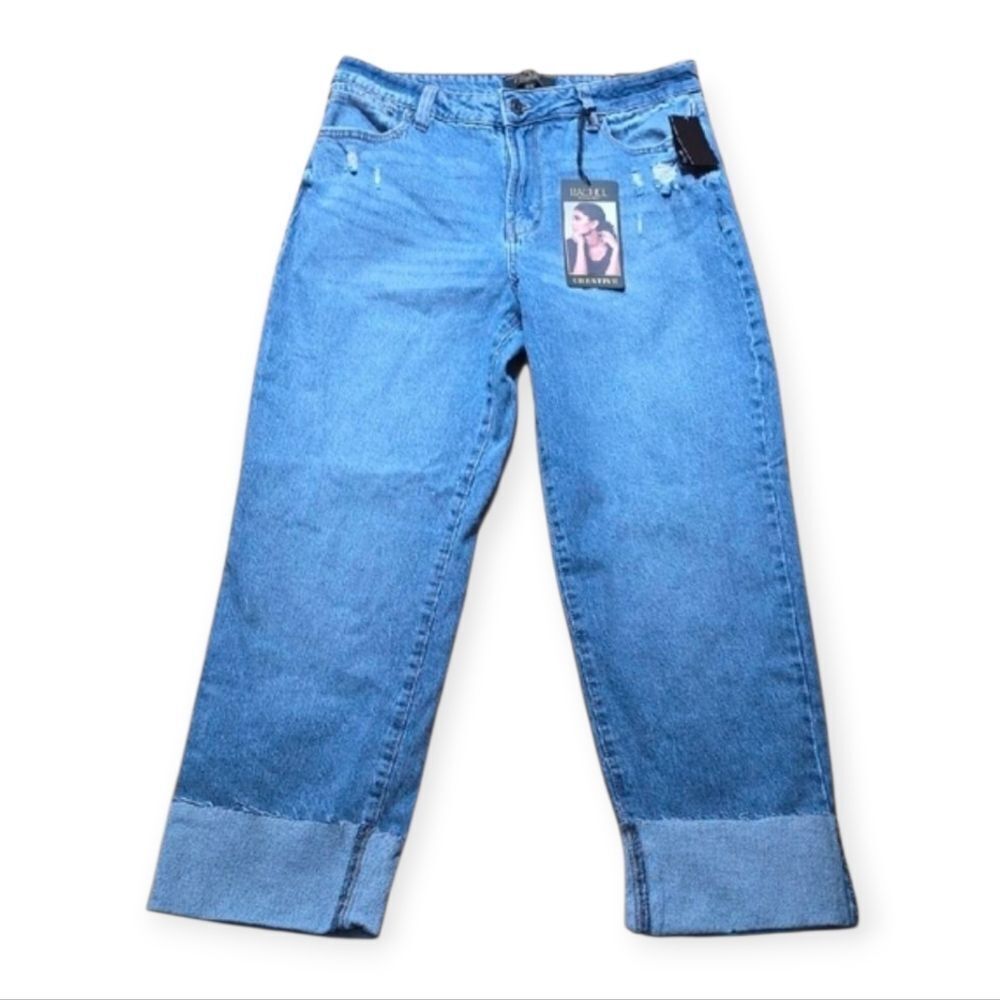 RACHEL Rachel Roy High-Rise Cuffed Raw Hem Straight Leg Classic Blue Denim
